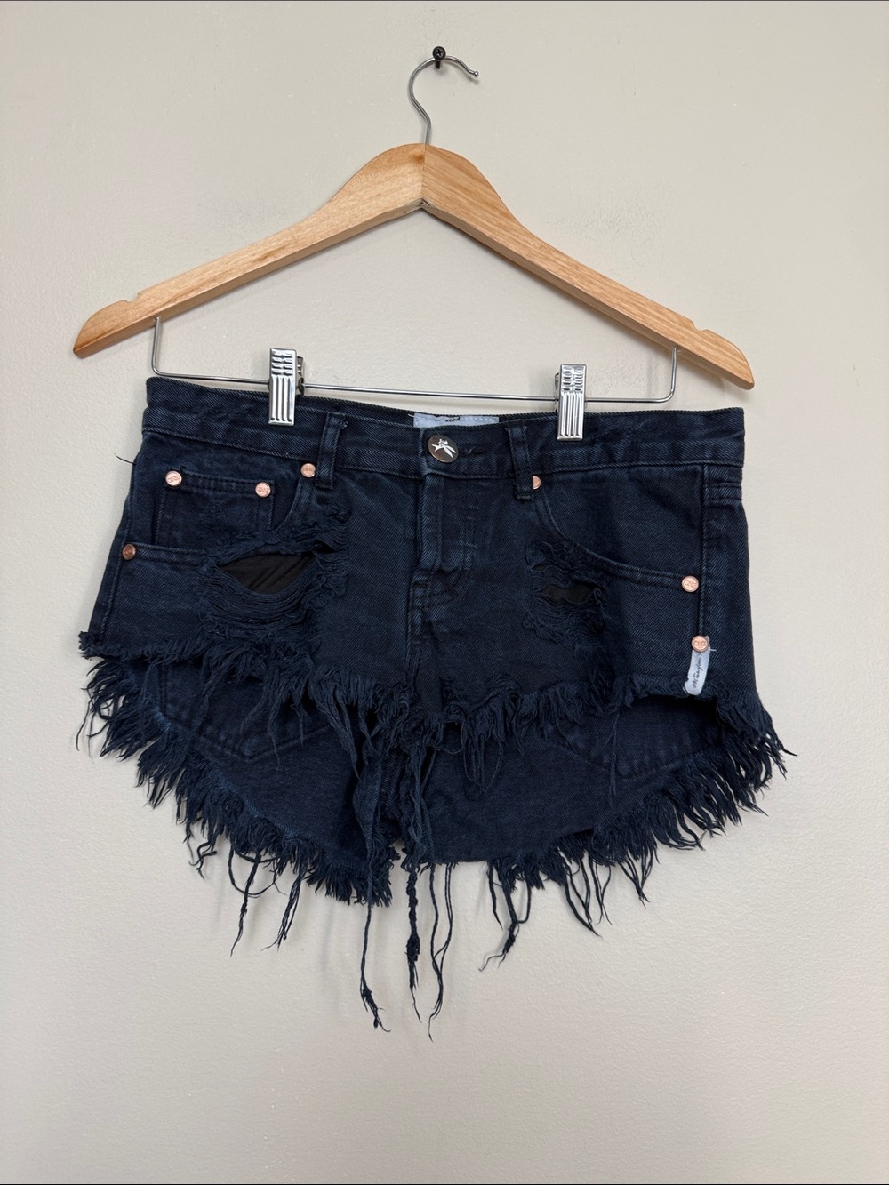 One by oneteaspoon Black Distressed Fringe Denim Shorts size 24